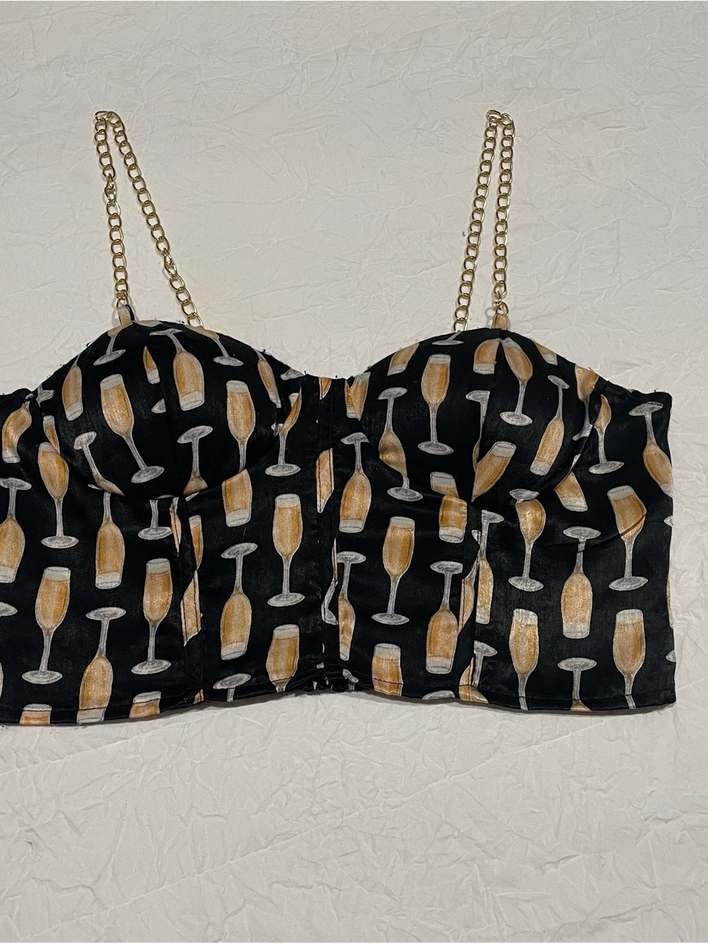 Black Champagne Print Bustier Crop Top with Gold Chain Straps